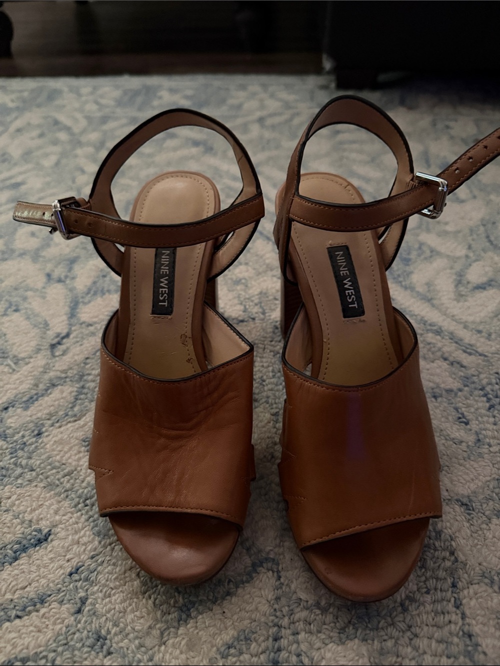 Nine West Tan Brown Leather Open-Toe Ankle Strap Heels
